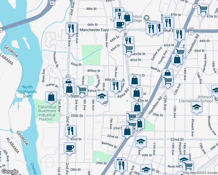 map of restaurants, bars, coffee shops, grocery stores, and more near 3916 Oates Avenue in Columbus