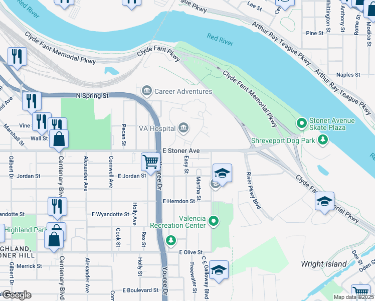 map of restaurants, bars, coffee shops, grocery stores, and more near 506-512 E Stoner Ave in Shreveport