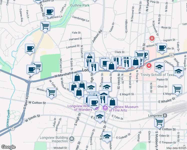 map of restaurants, bars, coffee shops, grocery stores, and more near in Longview