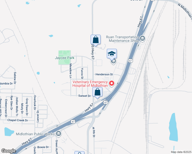 map of restaurants, bars, coffee shops, grocery stores, and more near North Midlothian Parkway in Midlothian
