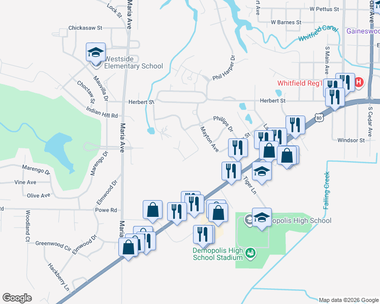 map of restaurants, bars, coffee shops, grocery stores, and more near 1307-1509 Forest Brook in Demopolis
