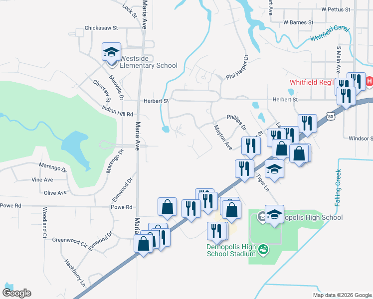 map of restaurants, bars, coffee shops, grocery stores, and more near 1512 Chappy Circle in Demopolis