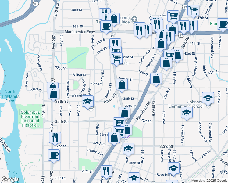 map of restaurants, bars, coffee shops, grocery stores, and more near 3901-3999 River Road in Columbus