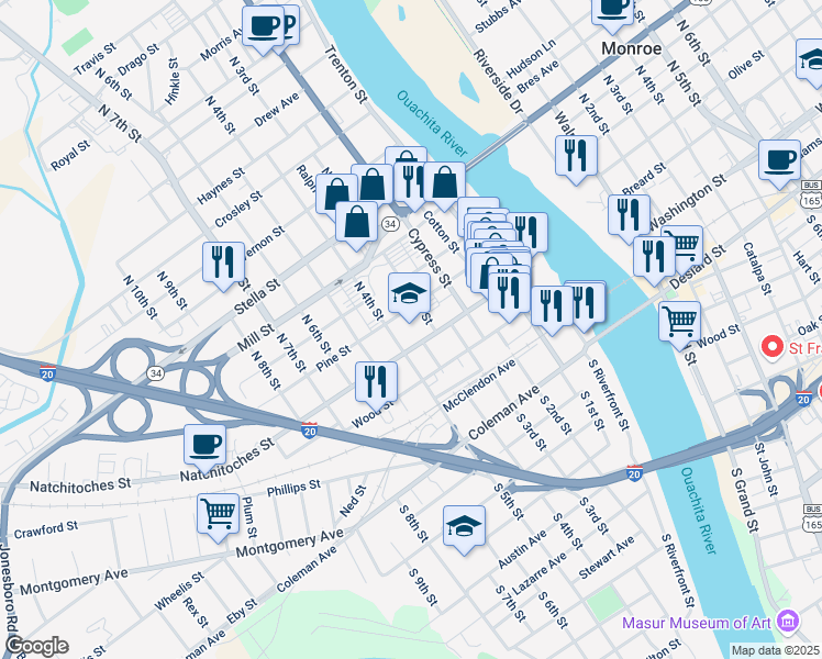 map of restaurants, bars, coffee shops, grocery stores, and more near 700 Natchitoches Street in West Monroe