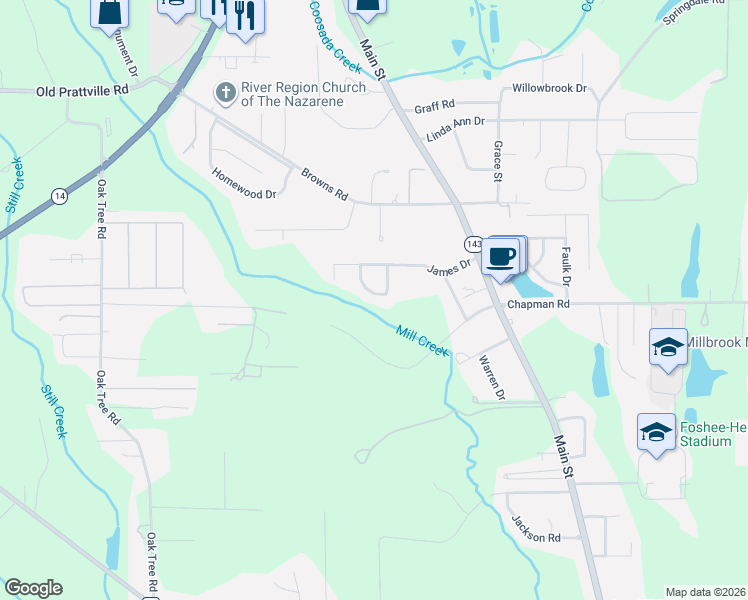 map of restaurants, bars, coffee shops, grocery stores, and more near 112 JamesTown Loop in Millbrook