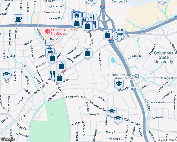 map of restaurants, bars, coffee shops, grocery stores, and more near 2514 Warm Springs Road in Columbus