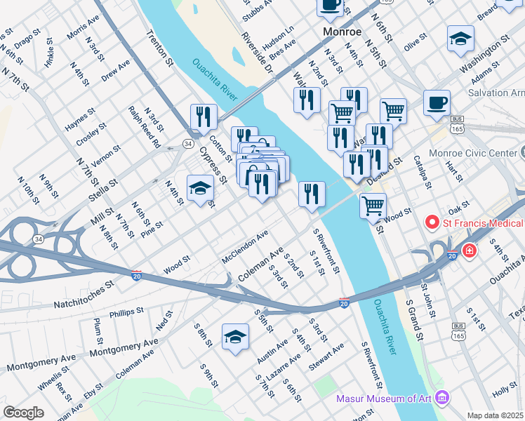 map of restaurants, bars, coffee shops, grocery stores, and more near 313 Wood Street in West Monroe
