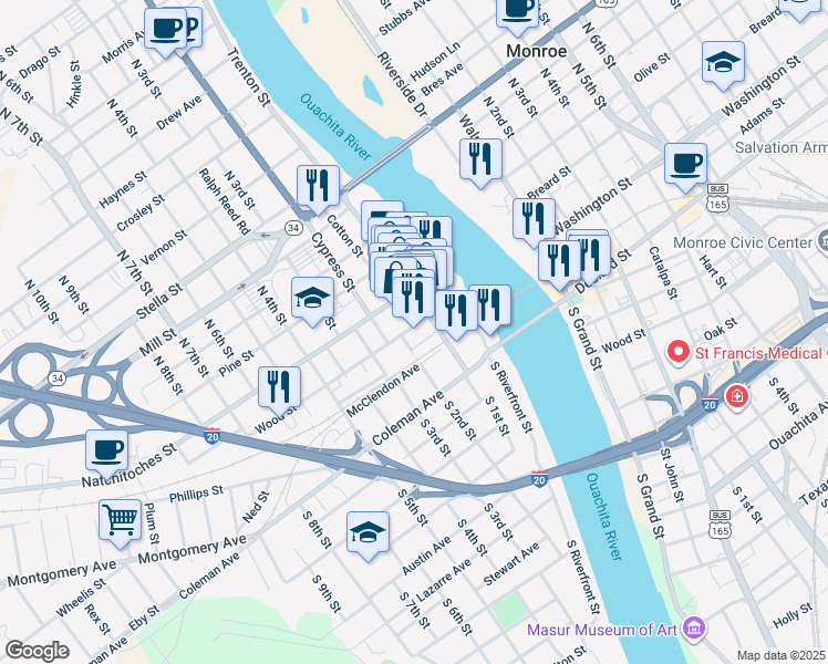 map of restaurants, bars, coffee shops, grocery stores, and more near 313 Wood Street in West Monroe