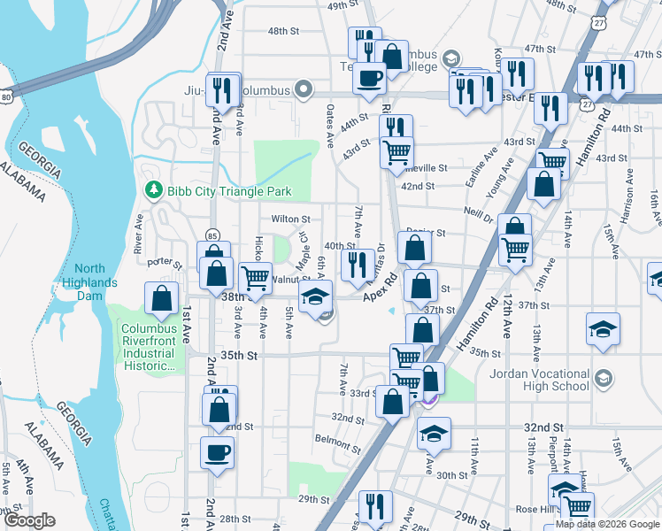map of restaurants, bars, coffee shops, grocery stores, and more near 3916 Oates Avenue in Columbus