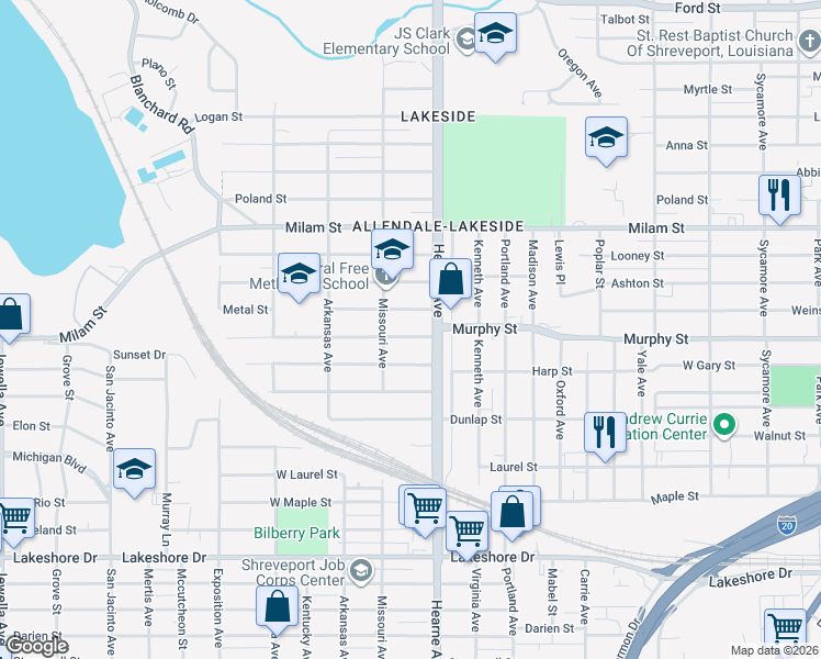 map of restaurants, bars, coffee shops, grocery stores, and more near 2735 Metal Street in Shreveport