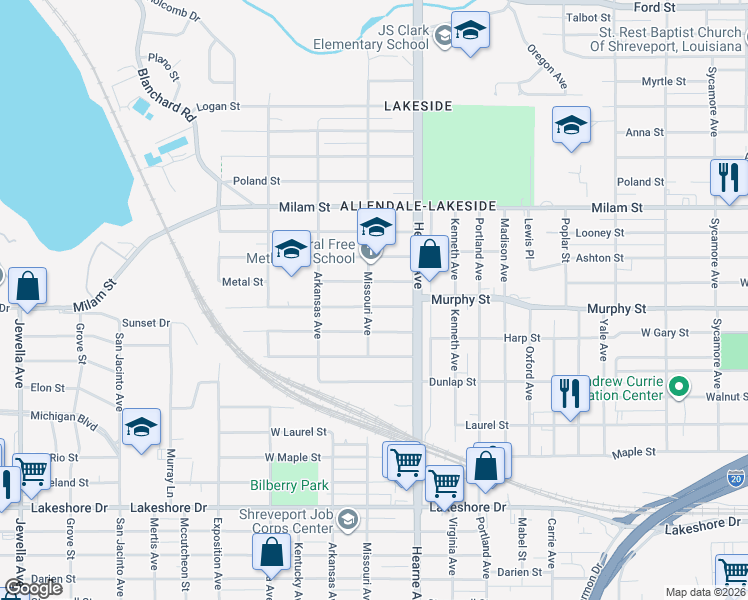 map of restaurants, bars, coffee shops, grocery stores, and more near 2735 Metal Street in Shreveport