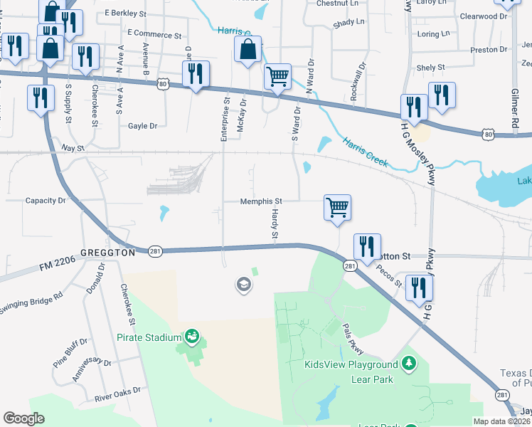map of restaurants, bars, coffee shops, grocery stores, and more near 912 Memphis Street in Longview