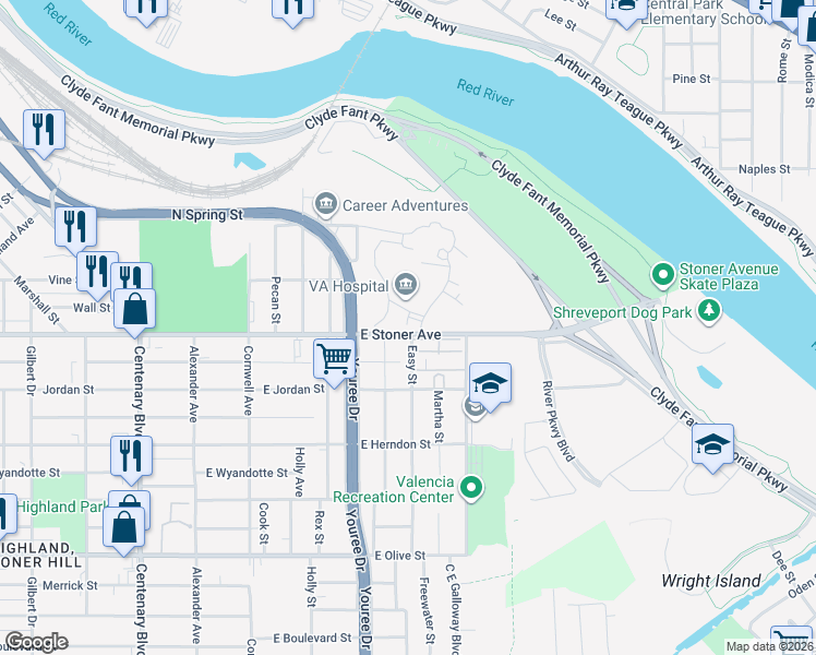map of restaurants, bars, coffee shops, grocery stores, and more near 506 East Stoner Avenue in Shreveport