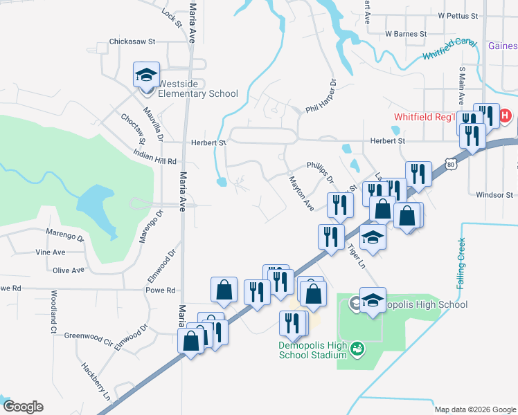 map of restaurants, bars, coffee shops, grocery stores, and more near 1512 Chappy Circle in Demopolis