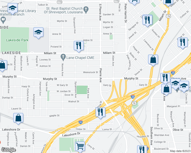 map of restaurants, bars, coffee shops, grocery stores, and more near 1627 Weinstock Street in Shreveport