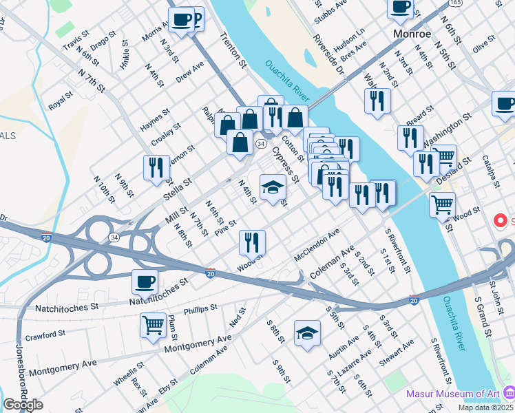 map of restaurants, bars, coffee shops, grocery stores, and more near 601 Pine Street in West Monroe