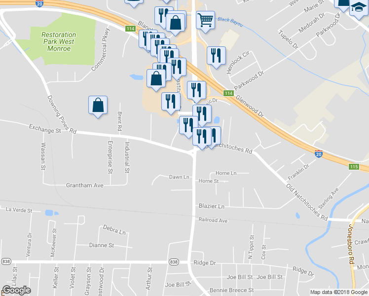 map of restaurants, bars, coffee shops, grocery stores, and more near 102 Downing Pines Rd in West Monroe