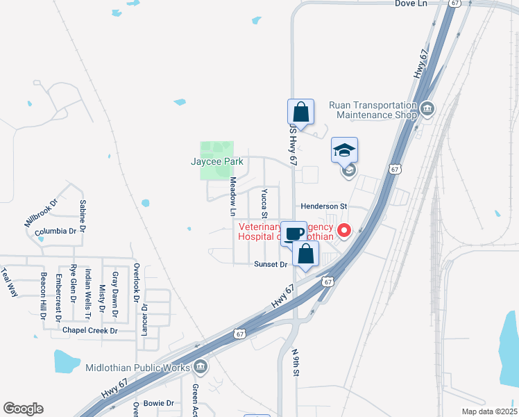 map of restaurants, bars, coffee shops, grocery stores, and more near 1507 Yucca Street in Midlothian