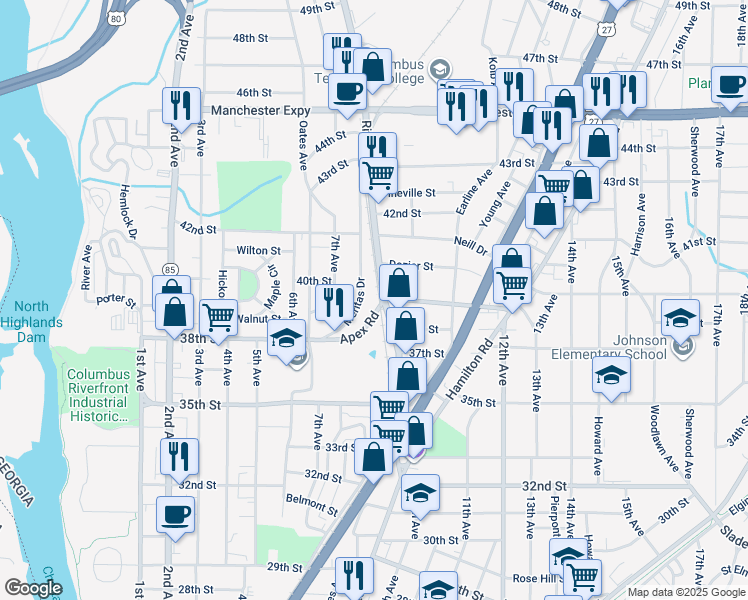 map of restaurants, bars, coffee shops, grocery stores, and more near 3901 River Road in Columbus