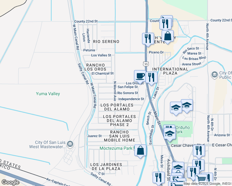 map of restaurants, bars, coffee shops, grocery stores, and more near 11298 Rio Sonora in San Luis