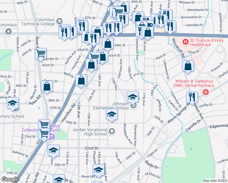map of restaurants, bars, coffee shops, grocery stores, and more near 3823 15th Avenue in Columbus