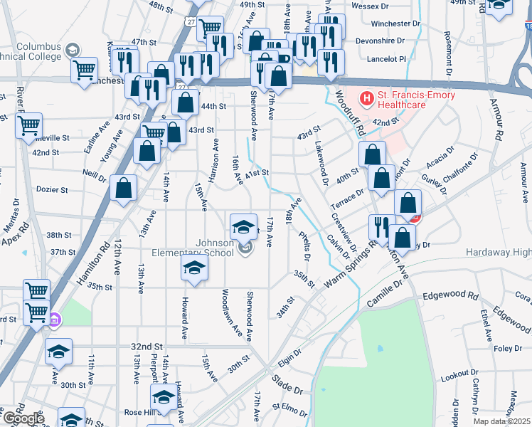 map of restaurants, bars, coffee shops, grocery stores, and more near 1605 39th Street in Columbus