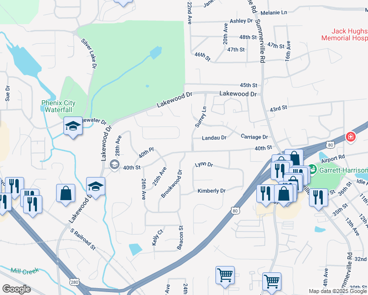 map of restaurants, bars, coffee shops, grocery stores, and more near 4003 Surrey Lane in Phenix City