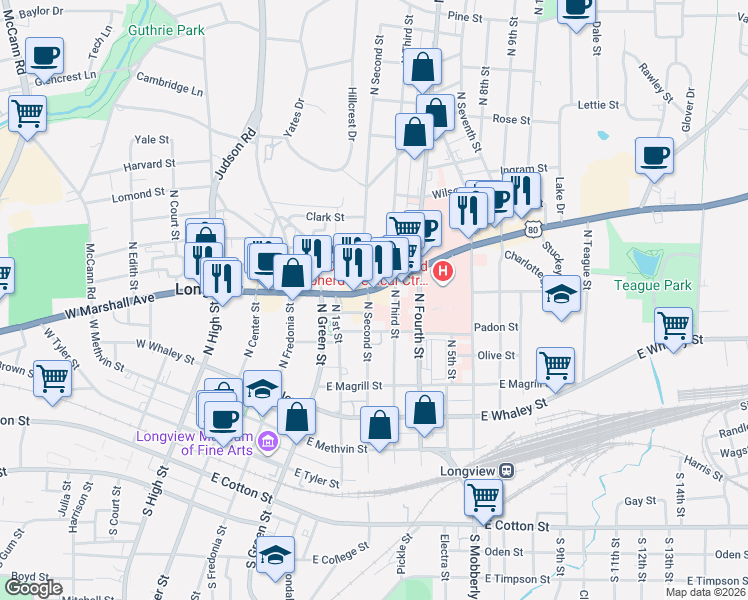 map of restaurants, bars, coffee shops, grocery stores, and more near 500 East Marshall Avenue in Longview