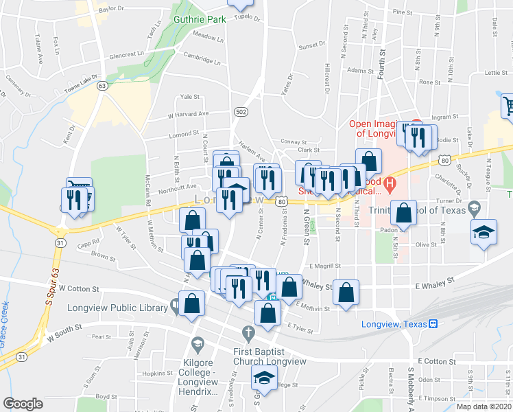 map of restaurants, bars, coffee shops, grocery stores, and more near 100 West Marshall Avenue in Longview