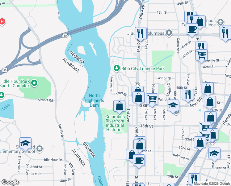 map of restaurants, bars, coffee shops, grocery stores, and more near in Bibb City