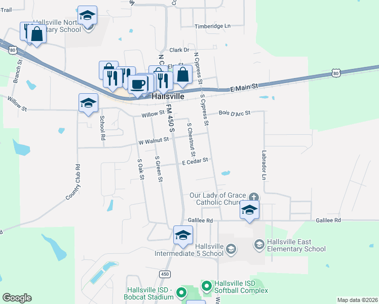 map of restaurants, bars, coffee shops, grocery stores, and more near 308 South Chestnut Street in Hallsville