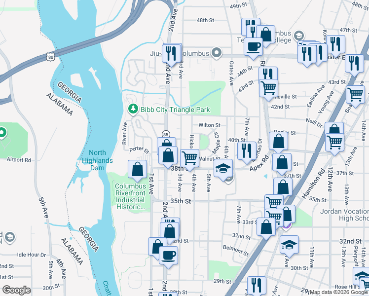 map of restaurants, bars, coffee shops, grocery stores, and more near 3914 3rd Avenue in Columbus