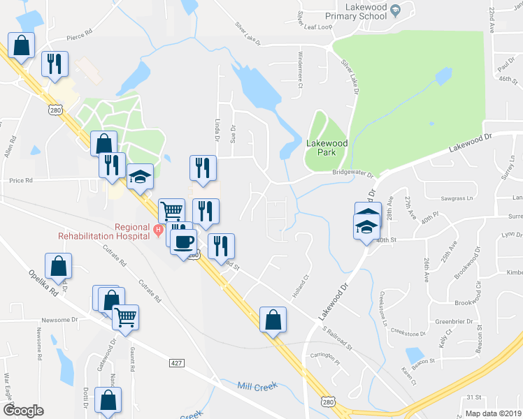 map of restaurants, bars, coffee shops, grocery stores, and more near 4200 Bridgecrest Drive in Phenix City