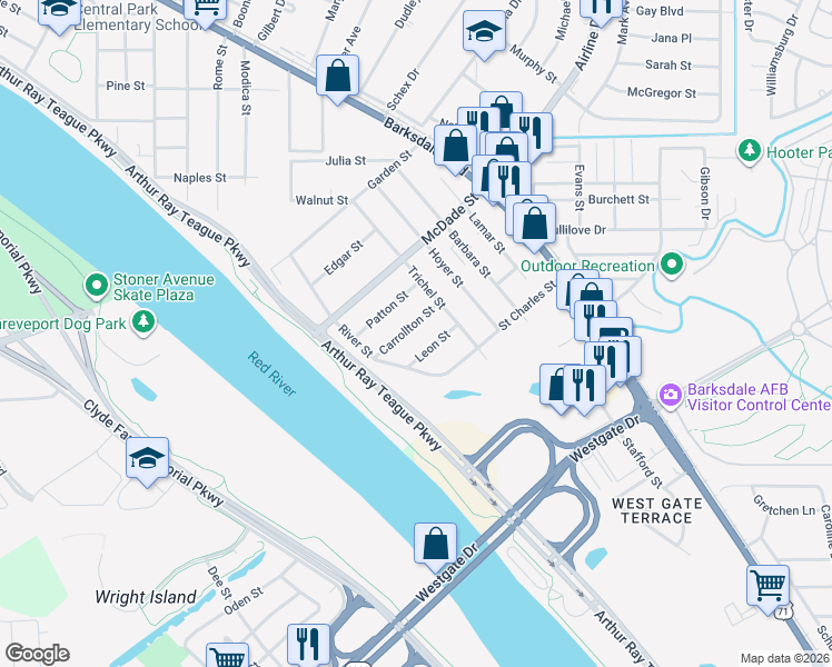 map of restaurants, bars, coffee shops, grocery stores, and more near 700 Carrollton Street in Bossier City