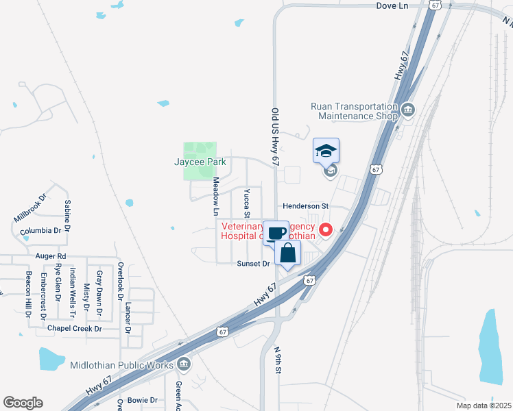 map of restaurants, bars, coffee shops, grocery stores, and more near 1508 Ridgecrest Drive in Midlothian