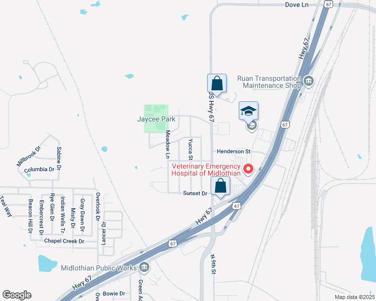 map of restaurants, bars, coffee shops, grocery stores, and more near 1507 Yucca Street in Midlothian