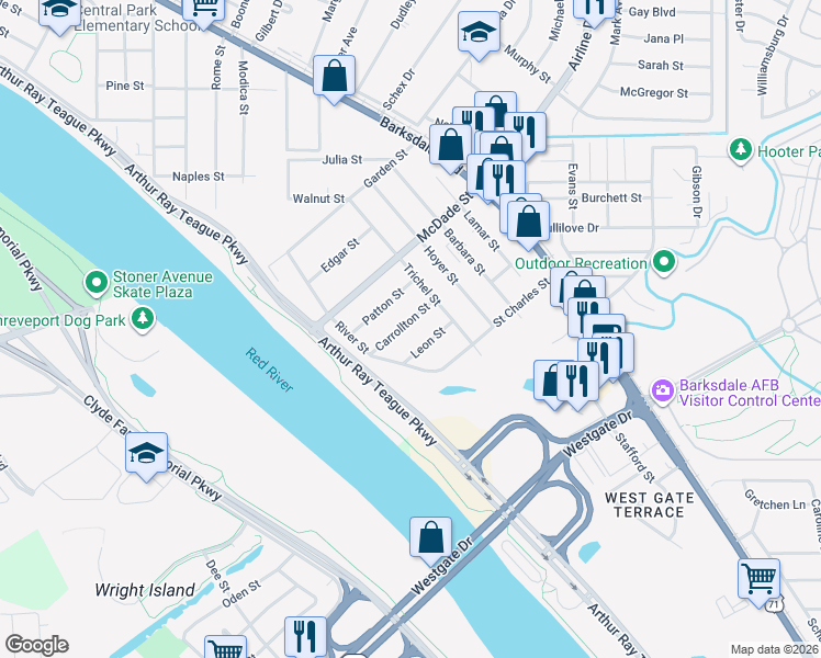 map of restaurants, bars, coffee shops, grocery stores, and more near 700 Carrollton Street in Bossier City
