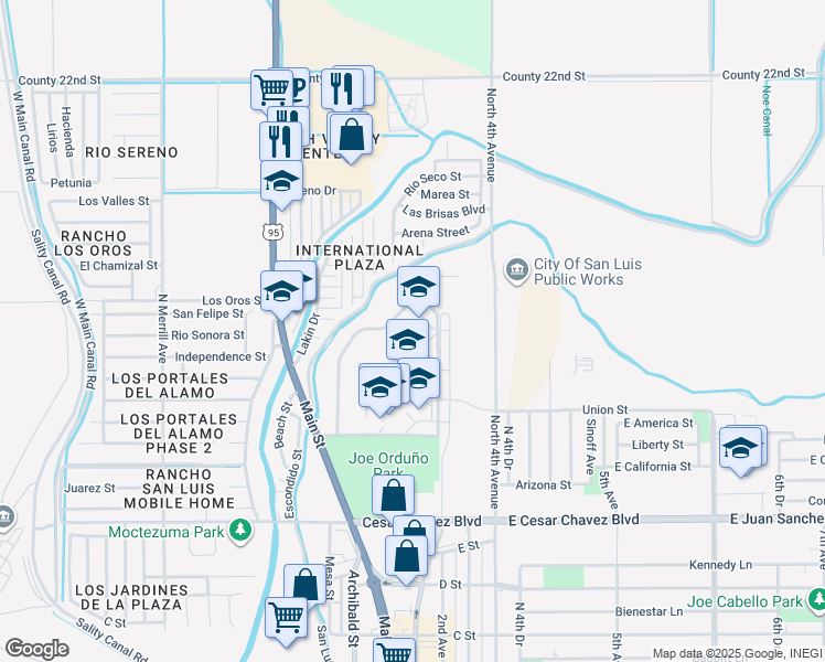 map of restaurants, bars, coffee shops, grocery stores, and more near 1245 N Main Street in San Luis