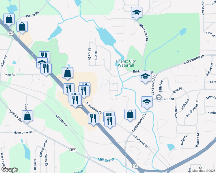 map of restaurants, bars, coffee shops, grocery stores, and more near 4200 Bridgecrest Drive in Phenix City