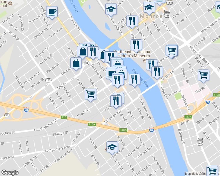 map of restaurants, bars, coffee shops, grocery stores, and more near 413 Natchitoches Street in West Monroe