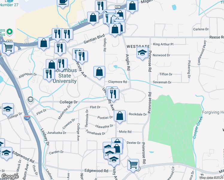 map of restaurants, bars, coffee shops, grocery stores, and more near 3603 Arkansas Drive in Columbus