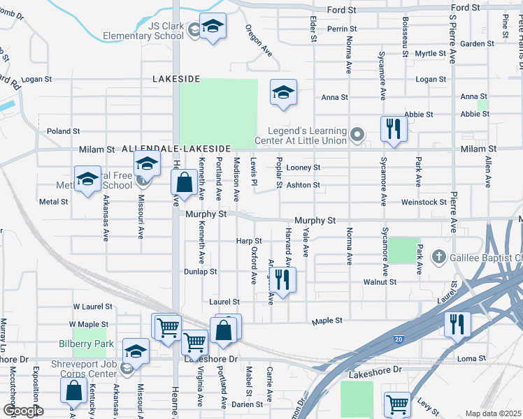 map of restaurants, bars, coffee shops, grocery stores, and more near 2226 Murphy Street in Shreveport