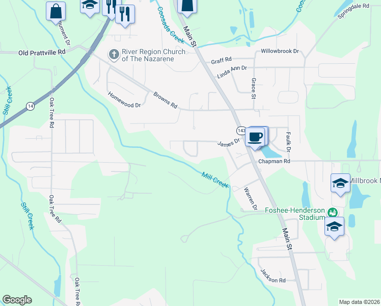 map of restaurants, bars, coffee shops, grocery stores, and more near 112 JamesTown Loop in Millbrook