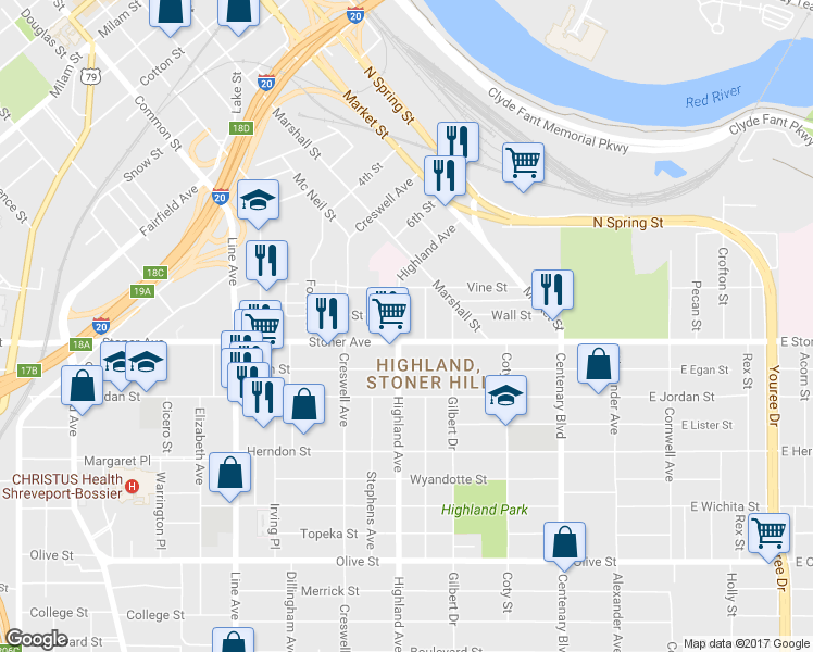map of restaurants, bars, coffee shops, grocery stores, and more near 1207 Highland Avenue in Shreveport