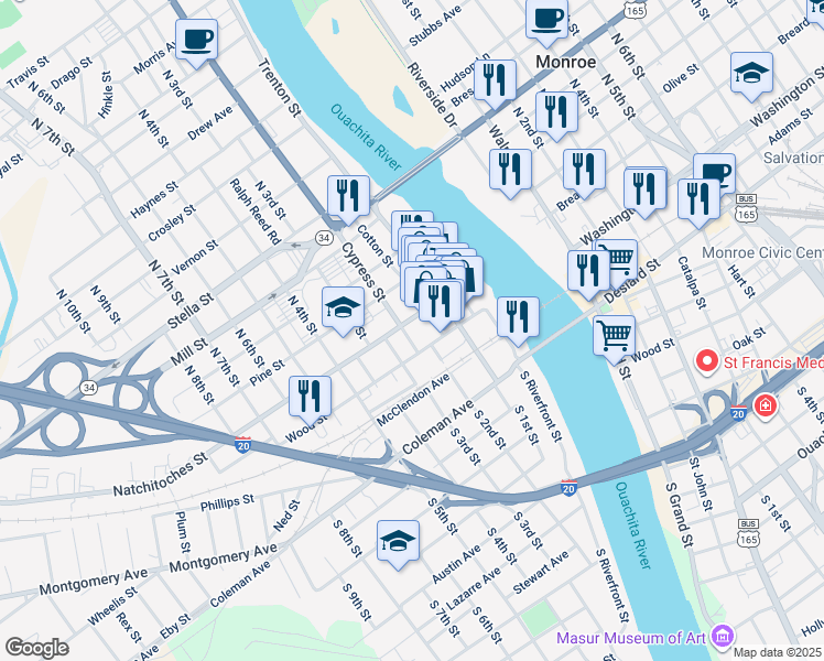 map of restaurants, bars, coffee shops, grocery stores, and more near 413 Natchitoches Street in West Monroe