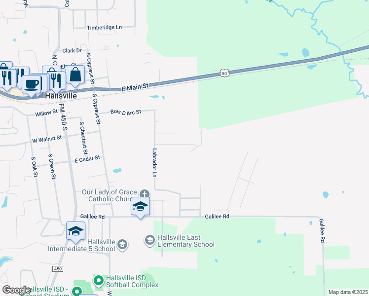 map of restaurants, bars, coffee shops, grocery stores, and more near 100-198 Pintail Lane in Hallsville