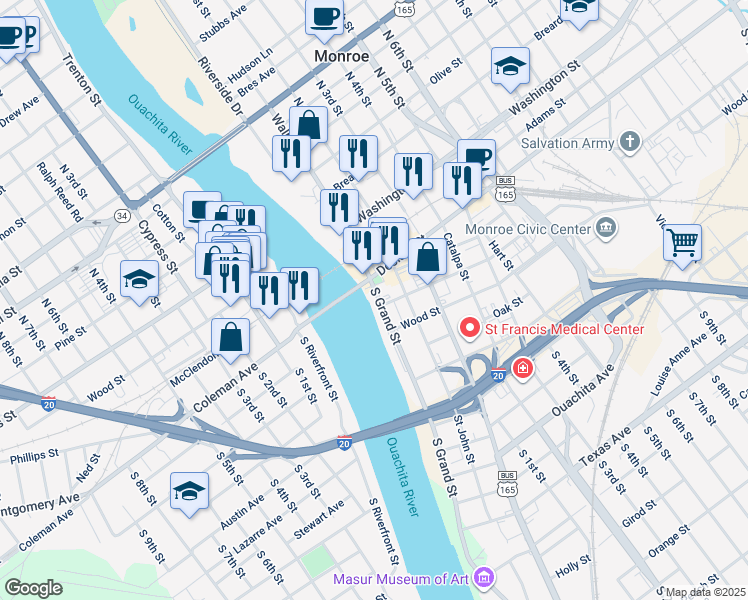 map of restaurants, bars, coffee shops, grocery stores, and more near 130 South Grand Street in Monroe