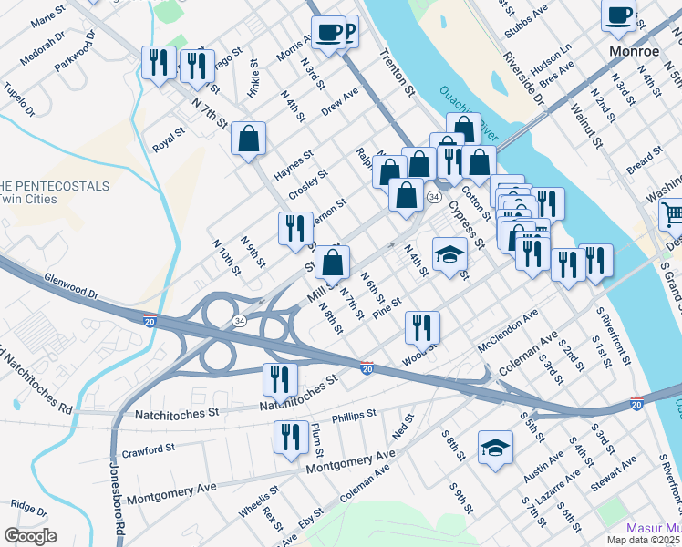 map of restaurants, bars, coffee shops, grocery stores, and more near 500 N 7th St in West Monroe
