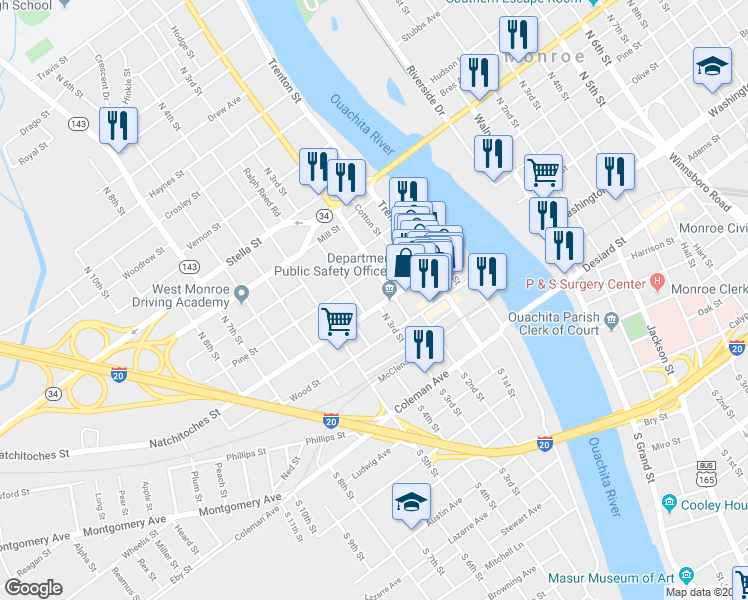 map of restaurants, bars, coffee shops, grocery stores, and more near 600 Natchitoches Street in West Monroe