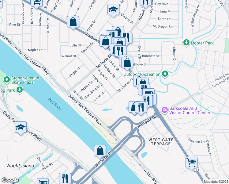 map of restaurants, bars, coffee shops, grocery stores, and more near 821 Saint Charles Street in Bossier City